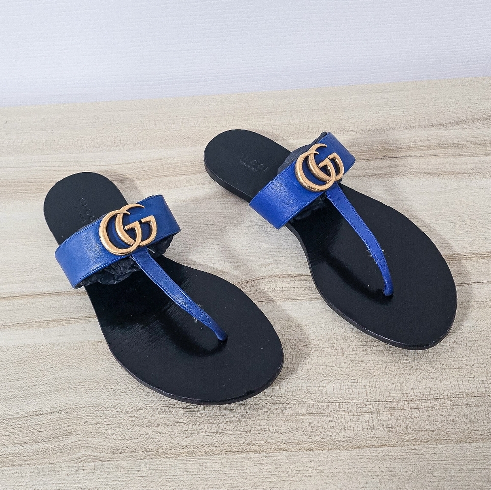 Gucci GG Marmont Calfskin Leather Thong Sandals In Electric Blue Size 37 - Picture 2 of 14